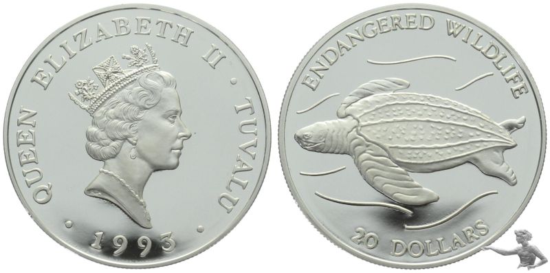 Tuvalu 20 Dollars 1993 Leatherback Turtle (Schilkröte) Silber, Top